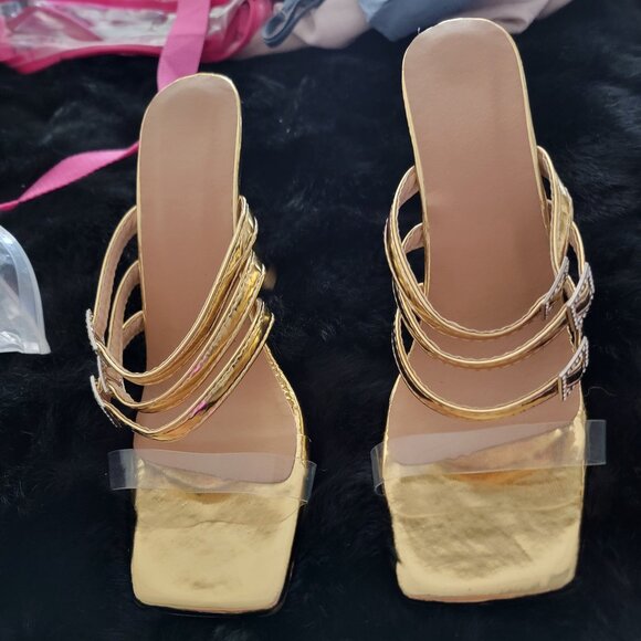 Gold Heeled Sandals with Rhinestones - Picture 1 of 5